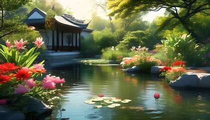 Wall Mural - Tranquil garden oasis featuring a peaceful pond, lush greenery, vibrant flowers, and elegant traditional architecture bathed in warm sunlight