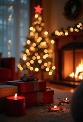 Canvas Print - Aesthetic home Christmas scene with presents at night with bokeh lights of new year tree and fireplace