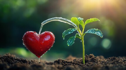 Wall Mural - Conceptual image of a heart depicted as a growing plant being watered, symbolizing mental growth and personal development