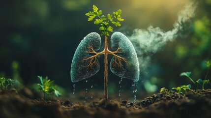 Wall Mural - Conceptual image of a lungs depicted as a growing plant being watered, symbolizing mental growth and personal development