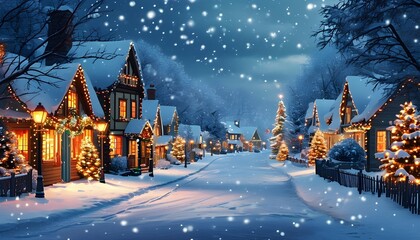 Enchanting winter village illuminated with festive lights, snow-draped streets, and glowing Christmas trees, exuding a magical holiday spirit