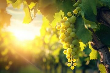 A vibrant grapevine supports clusters of green grapes, bathed in sunlight, amidst a rustic vineyard landscape, signaling a promising forthcoming harvest season