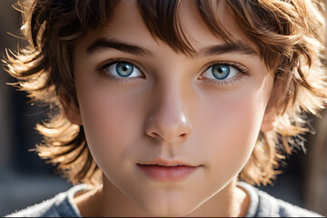 Wall Mural - portrait of beautiful girl with blue eyes looking at camera on street