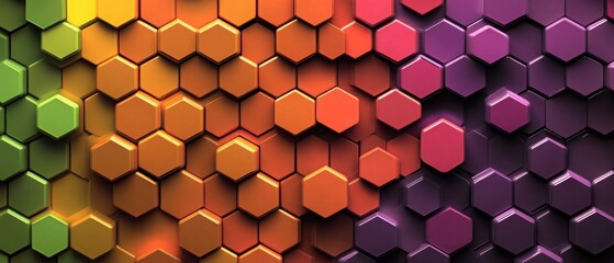 Wall Mural - Background with a mosaic of hexagonal tiles in vibrant, contrasting colors like bright orange, deep purple, and lime green. 