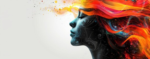 Human head filled with colorful swirling ideas, symbols of business and technology, idea generation, creative thinking