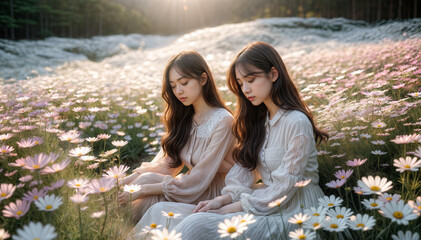 Image of a young woman in a field with autumn flowers blooming