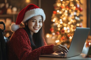 Close-up of asian woman in wheelchair wearing santa hat working on laptop smiling at home 