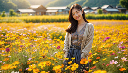 Image of a young woman in a field with autumn flowers blooming