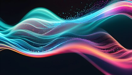 Wall Mural - Colorful particles flowing like waves in captivating motion against a dark background