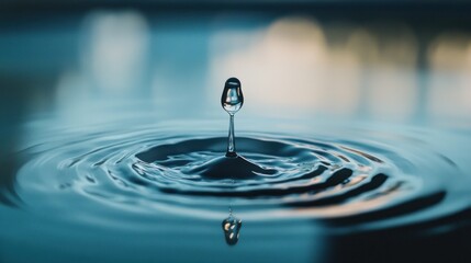 close-up of a single water droplet mid-air, about to impact a serene surface.