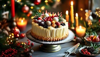 Poster - Joyful celebration with an elegant cake, assorted sweet treats, glowing candles, and vibrant holiday decorations capturing a warm festive spirit