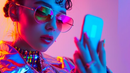 a vibrant and engaging photograph of a Generation Z girl using her phone, dressed in stylish, vivid colors that reflect her bold and expressive personality