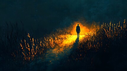 A Solitary Figure Walking Down a Gloomy Path Illuminated by A Warm Glowing Light in the Distance. 2D Cartoon Concept