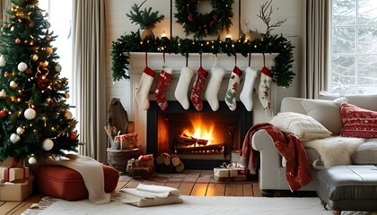 Wall Mural - Festive winter living room adorned with a Christmas tree, glowing fireplace, hanging stockings, and beautifully wrapped presents, radiating warmth and holiday cheer