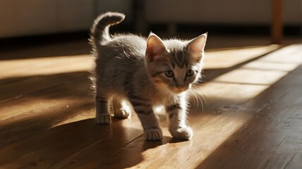 Wall Mural - : Kitten sitting on a smooth wooden floor, staring at a dish of food with toys placed around, sunlight streaming in --ar 3:2 --v 4