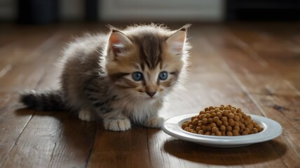 Wall Mural - : Kitten sitting on a smooth wooden floor, staring at a dish of food with toys placed around, sunlight streaming in --ar 3:2 --v 4