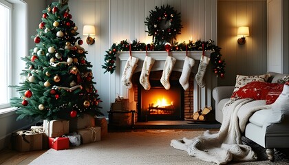 Festive winter living room adorned with a Christmas tree, glowing fireplace, hanging stockings, and beautifully wrapped presents, radiating warmth and holiday cheer