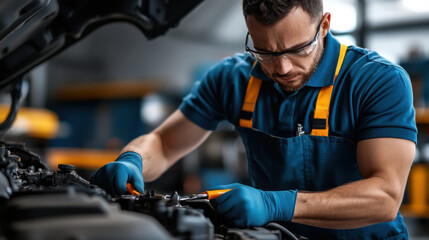 A focused mechanic in safety gear carefully repairs a vehicle engine in a workshop, demonstrating hands-on mechanical skills.