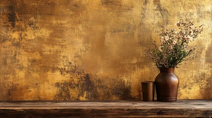 Wall Mural - A rustic wooden shelf with a vase of white flowers against a golden wall.