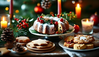 Poster - Joyful holiday table adorned with a beautifully decorated Christmas cake, an array of delightful cookies, and warm candlelight for a cozy festive ambiance