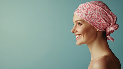 A smiling woman wearing a pink scarf, showcasing confidence and beauty against a serene blue background.