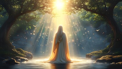 Wall Mural - Calm and Hopeful Figure Illuminated by Divine Light in a Serene Atmosphere