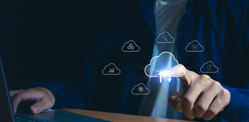 Wall Mural - cloud computing shown in hand cloud technology data storage, data transfer, network and internet ser