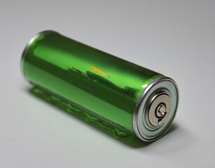 melting battery litihium ion to green liquid battery waste illustration, eco energy waste, green energy, ecological environmental cycle, isolated in light grey background