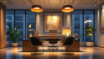 Canvas Print - Sophisticated executive office featuring artistic lighting fixtures and a modern design aesthetic