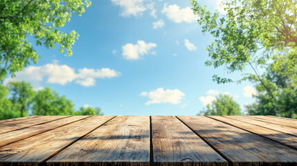 Aufkleber - Empty wooden table top with blurred green trees and blue sky background