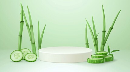 A vector illustration of an empty podium 3D decorated with bamboo stalks and fresh cucumber slices, isolated on a clean light green background