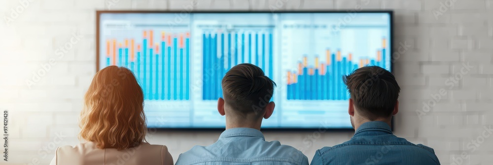 Team analyzing financial data charts and graphs displayed on a large ...