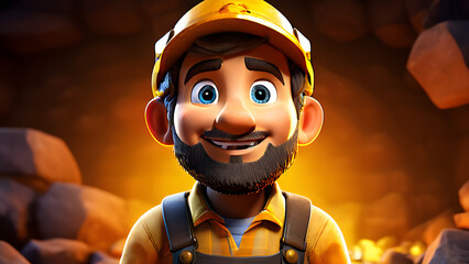 3D Cartoon-Style Gold Miner Character in a Vibrant Mine Setting