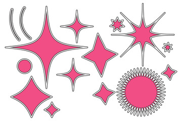 Wall Mural - Set of original star sparkle shapes. Abstract shine effect vector sign. Retro futuristic bright vector icons collection. Glowing light effect, twinkle templates stars and bursts, shiny flash