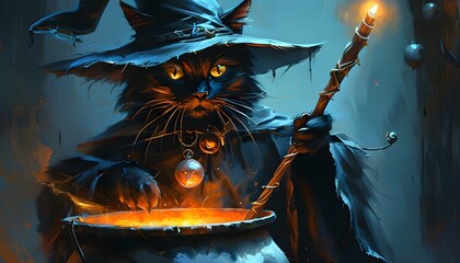 Mystical black cat wizard casting spells over a simmering cauldron with a glowing wand against a vibrant dark gothic backdrop