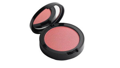 a close-up of a sleek blush compact, showcasing a soft pink blush in a stylish black casing, perfect