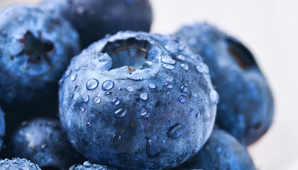 Top view macro shot of fresh blueberry with water drops