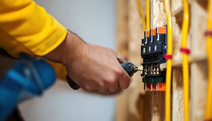 A close-up of a technician working on an electrical panel with tools, showcasing modern electrical repair and maintenance.