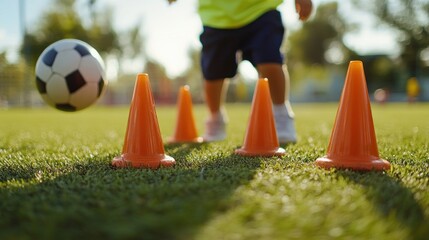 A row of orange cones lines up on a green grass field with blurry figures of young athletes playing soccer in the background