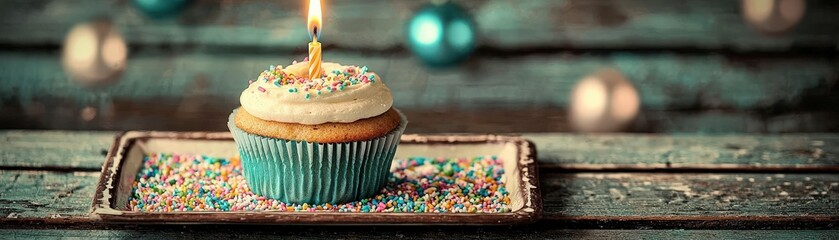 Joyful birthday cupcake showcasing a lit candle, surrounded by a sea of colorful sprinkles and presented on a decorative tray with a background of celebratory decorations and soft, glowing lights.