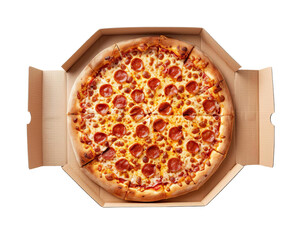 A delicious pepperoni pizza in a classic takeout box, perfect for lunch or dinner. Enjoy your favorite cheesy treat.