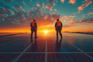 Two workers inspecting solar panels at sunset, emphasizing renewable energy, teamwork, and environmental sustainability.