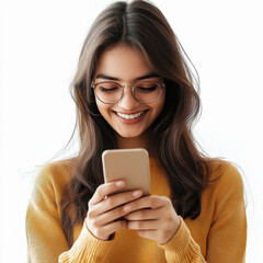 Wall Mural - Young indian woman using smartphone on white background