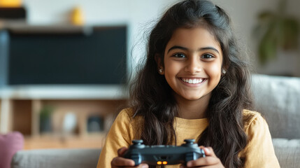 Indian teen girl sit on the couch playing video game console, she is holding gamepad, happy expression.