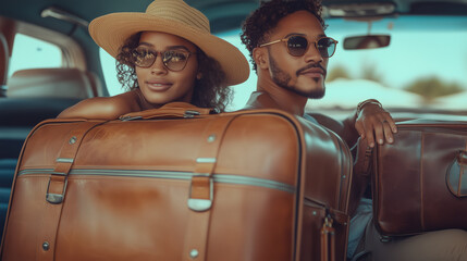 A happy Black couple is packing their luggage in stylish car, ready for an adventure. Their excitement is palpable as they prepare for their journey together