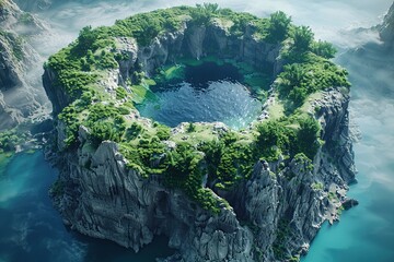 Poster - Aerial View of a Lush Island with a Crater Lake