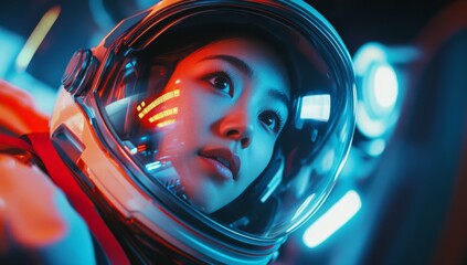 Wall Mural - Close-up photo of asian woman astronaut in space suit, looking out the window with excitement and wonder at new worlds to explore 