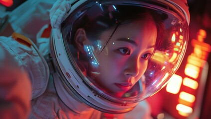 Wall Mural - Close-up portrait of asian woman astronaut in space suit, looking out the window with excitement and wonder at new worlds to explore 