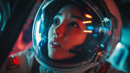 Wall Mural - portrait of asian woman astronaut in space suit, looking out the window with excitement and wonder at new worlds to explore 