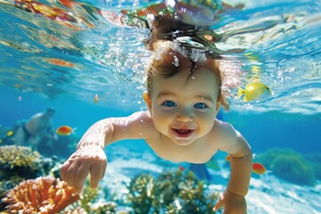 A baby with bright blue eyes smiles happily while underwater with tropical fish.